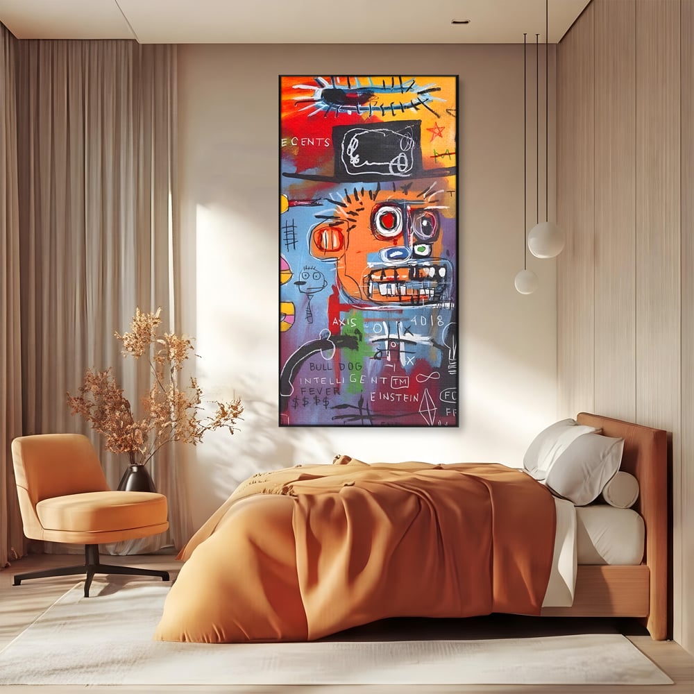 Tablou canvas cu tablou abstract cu portret si inscriptii, in rama de aluminiu negru, pe perete intr-un dormitor